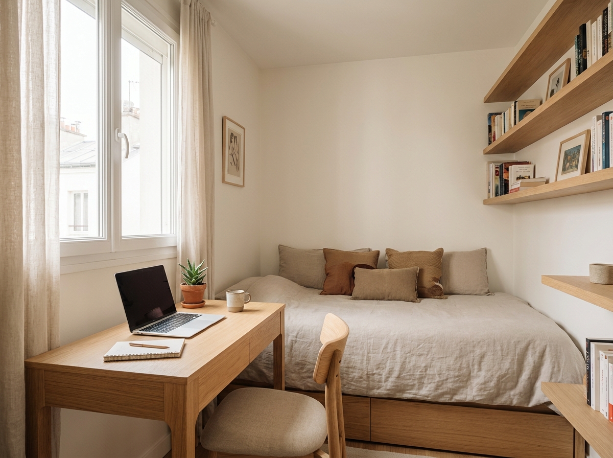 Chambre transformée en bureau le jour avec un bureau en bois, un ordinateur portable et un lit habillé comme un canapé