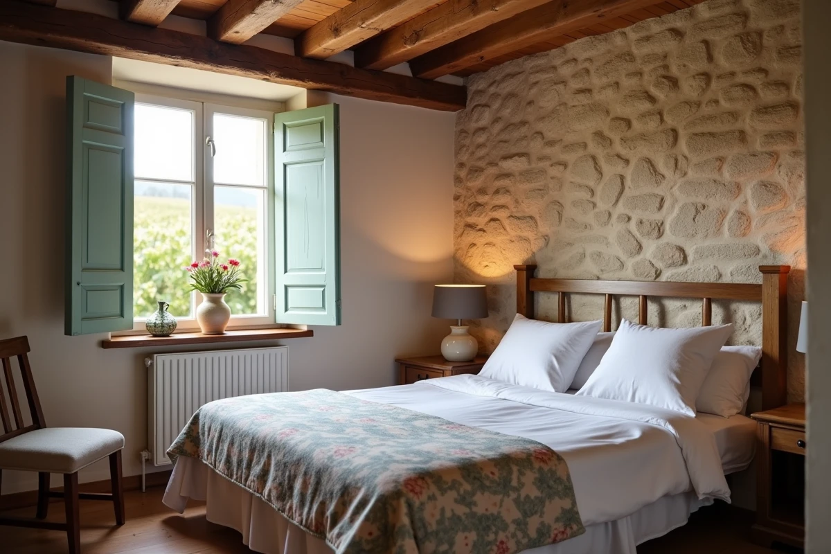 Chambre d'hôtes rustique dans une ferme provençale rénovée avec poutres en bois et vue sur vignoble
