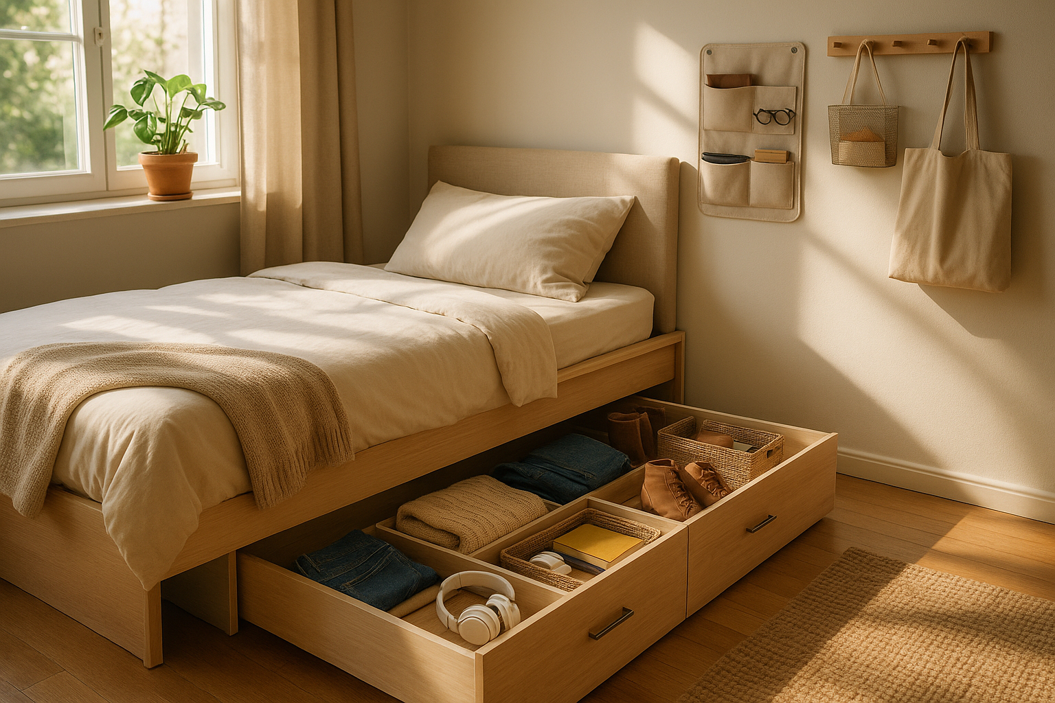 Chambre chaleureuse avec rangement sous le lit et organisateurs muraux