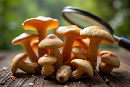 Chanterelles fraîches sur une table en bois avec lumière naturelle