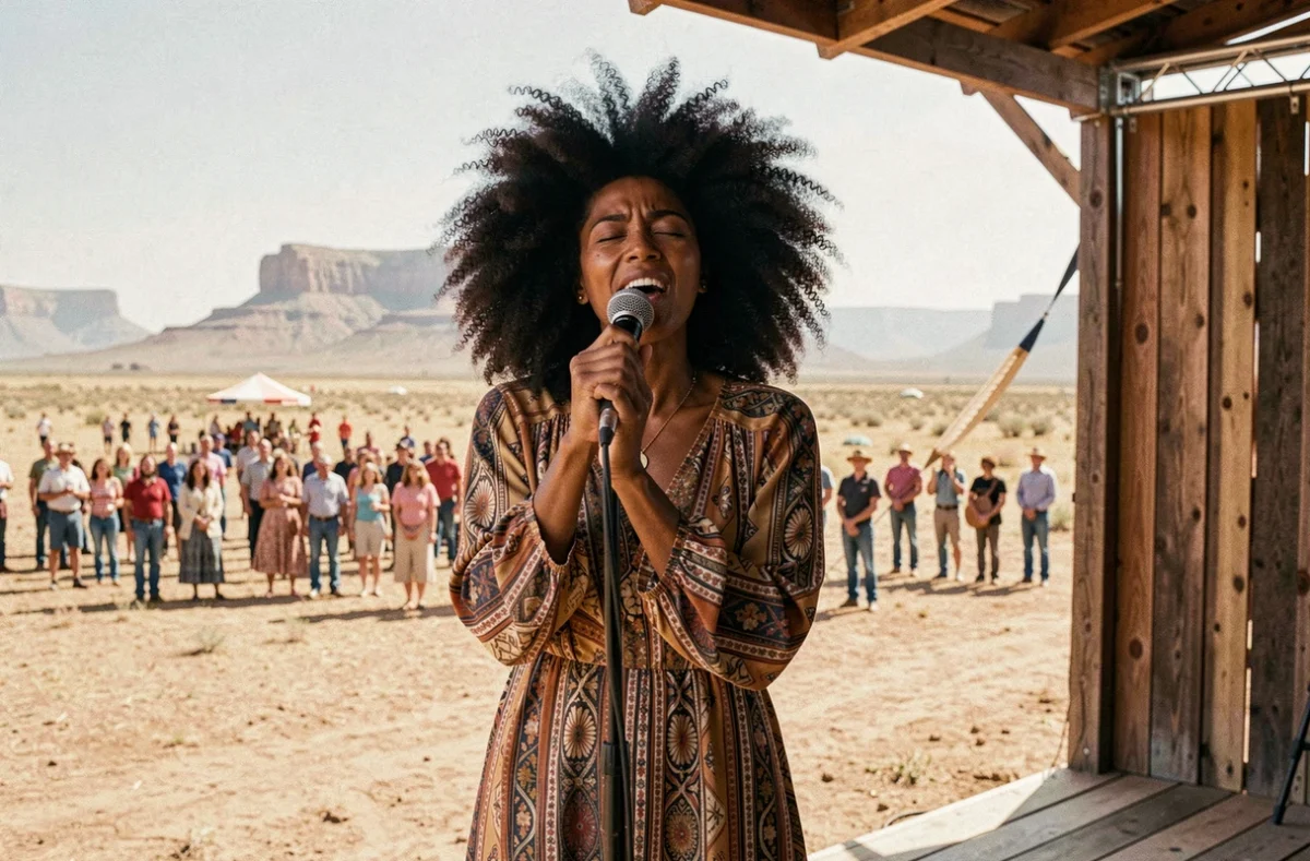 Chanteuse américaine des années 70 se produisant sur scène lors d'un festival en plein air dans le sud-ouest américain avec paysage de mesa en arrière-plan
