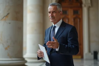 Chef d'etat homme en costume marine debout avec documents