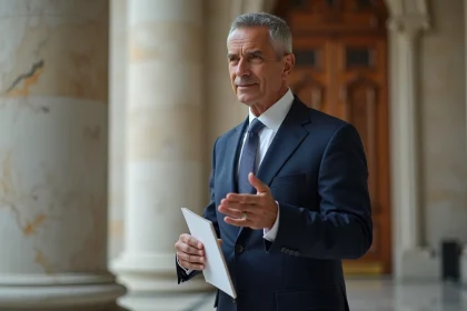 Chef d'etat homme en costume marine debout avec documents