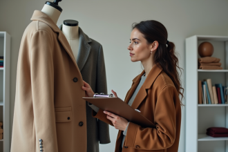 Chercheuse en mode examinant un manteau en studio