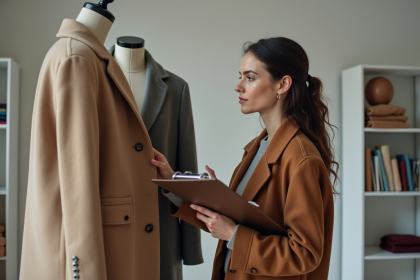 Chercheuse en mode examinant un manteau en studio
