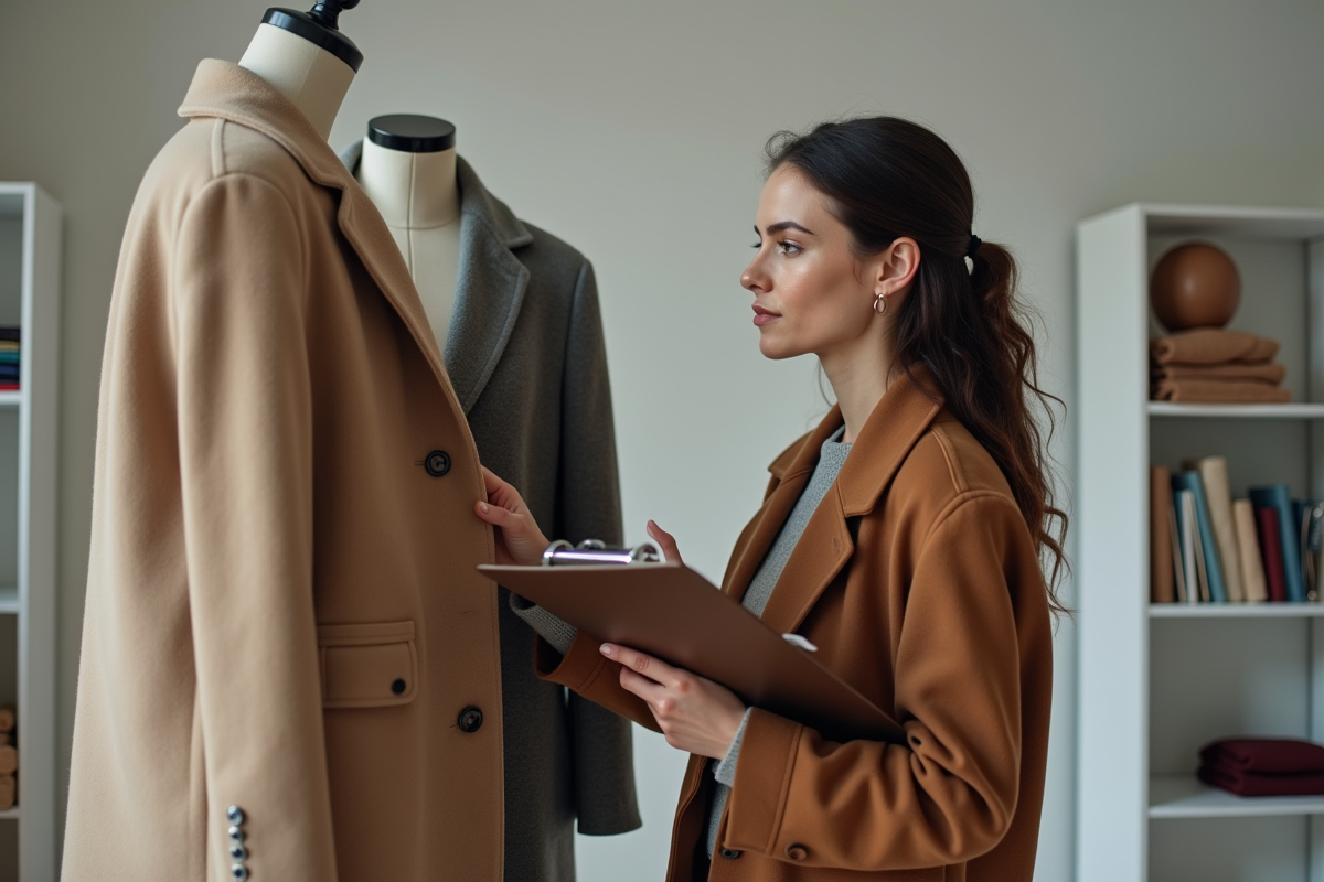 Chercheuse en mode examinant un manteau en studio