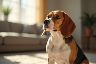 Beagle assis attentivement dans un salon lumineux
