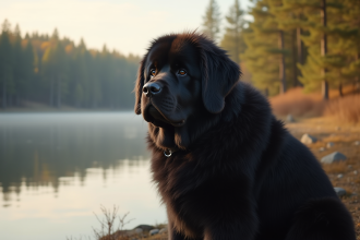 Chien Newfoundland majestueux au bord d'un lac calme