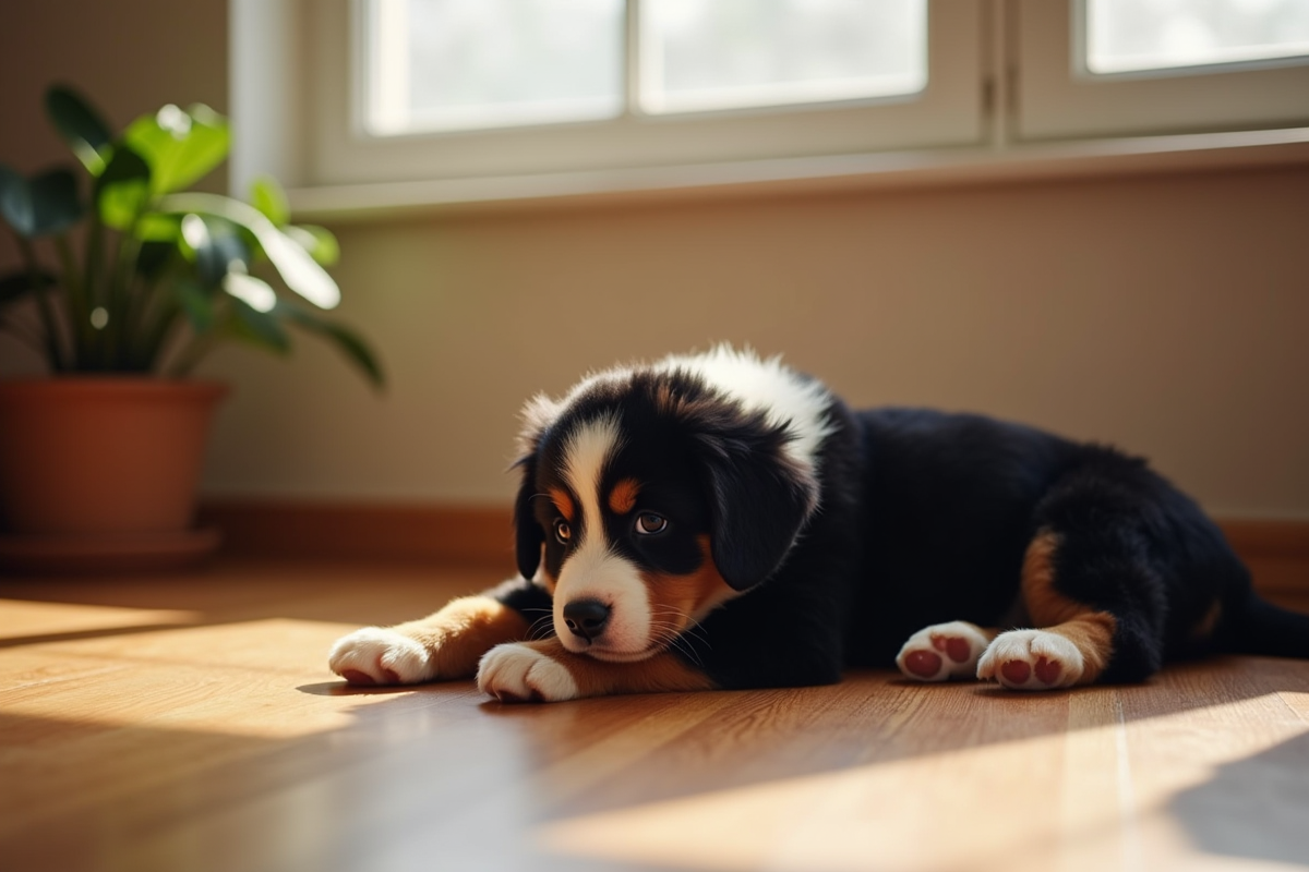 Chiot berger suisse allongé près d