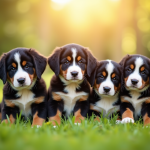 Groupe de chiots berger suisse sur l'herbe en plein jour