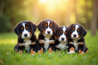 Groupe de chiots berger suisse sur l'herbe en plein jour