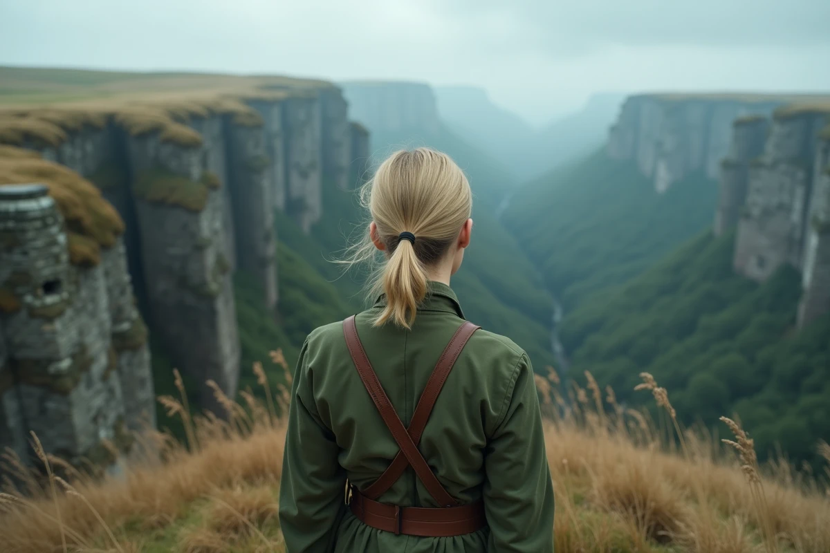 Jeune femme en tenue militaire médiévale contemplant seule un vaste paysage forestier depuis le bord d'une falaise