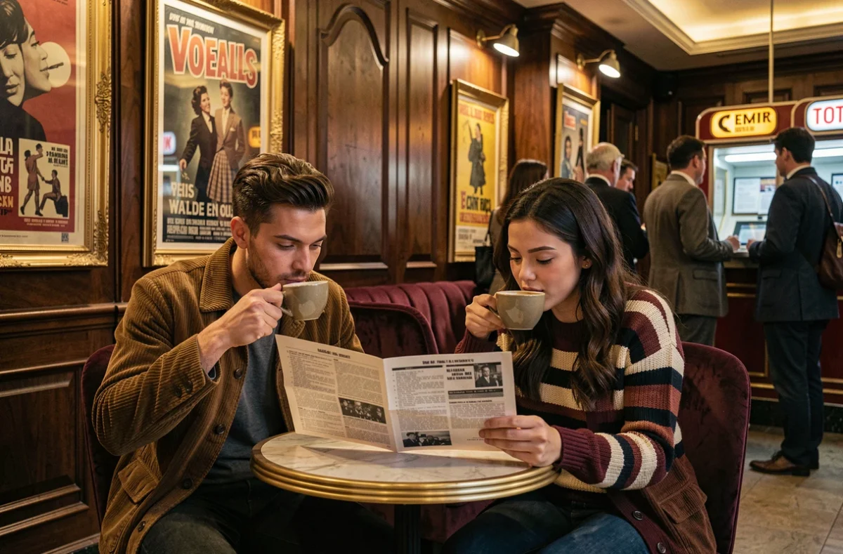 Deux amis dans le hall d'un cinéma parisien le soir, consultant le programme avant une séance culturelle