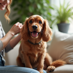 Cocker spaniel heureux brossé dans un salon lumineux