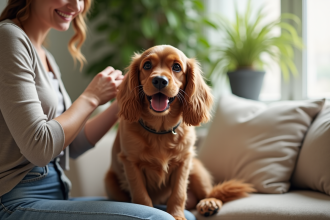 Cocker spaniel heureux brossé dans un salon lumineux