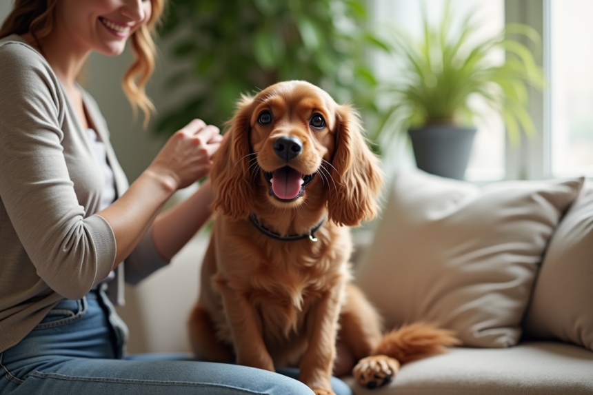 Cocker spaniel heureux brossé dans un salon lumineux