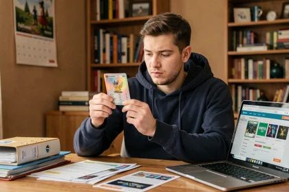 Collectionneur de cartes Pokémon rares analysant une carte holographique pour trouver les meilleures périodes d'achat pas cher