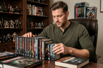 Homme arrangeant une collection de livres Warhammer 40K sur un bureau en bois dans un bureau de collectionneur