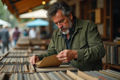 Collectionneur examinant un vinyle rare dans un marché aux puces, entouré de caisses de disques vintage