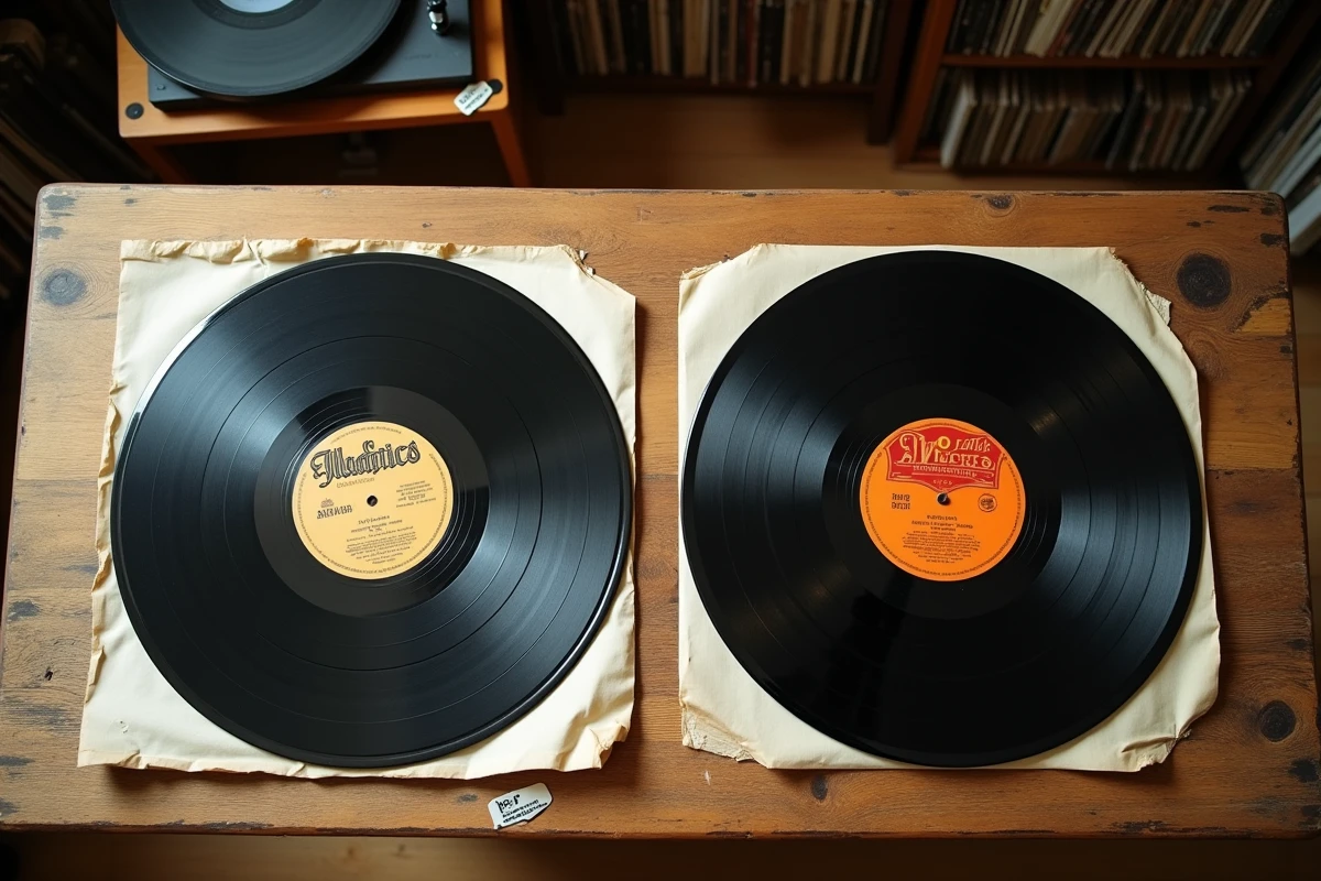 Comparaison côte à côte d'un vinyle original rare et de sa réédition moderne sur une table en chêne