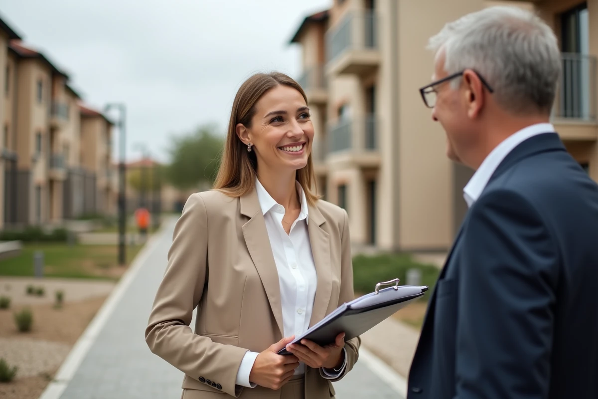 Jeune conseillère immobilière parlant avec un client sur un site