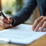 Consommateur confiant examinant un contrat avec une lumière naturelle