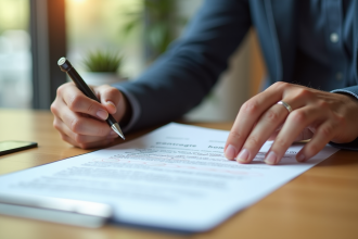 Consommateur confiant examinant un contrat avec une lumière naturelle