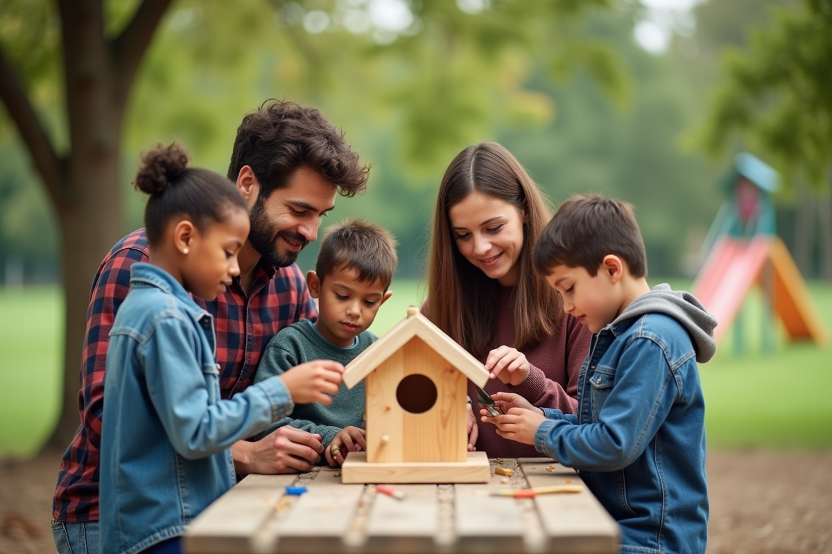 Famille construisant un nichoir dans un parc en plein air