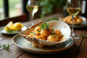 Coquille SaintJacques dans sa coquille sur une table en bois