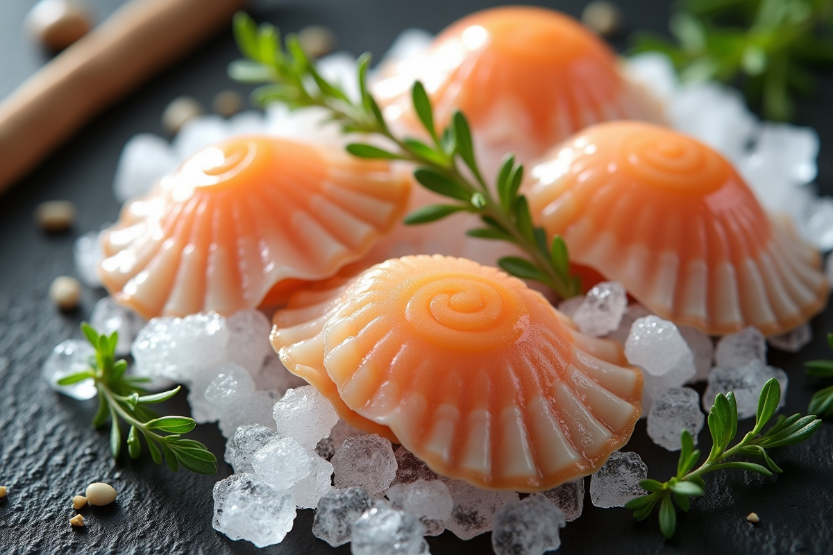 Coquilles SaintJacques fraîches sur glace avec algues