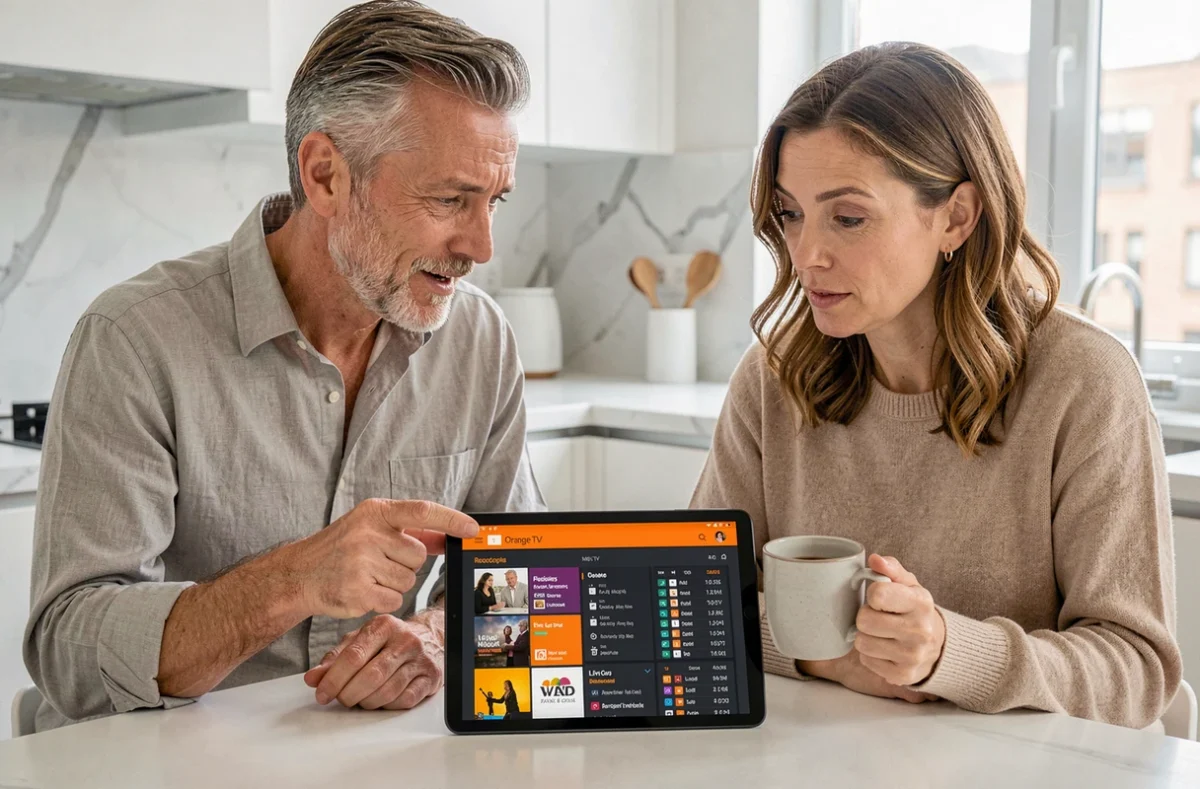 Couple consultant l'application Orange TV sur tablette pour gérer enregistrements et contrôle du direct