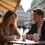 Jeune couple professionnel au café parisien en plein jour
