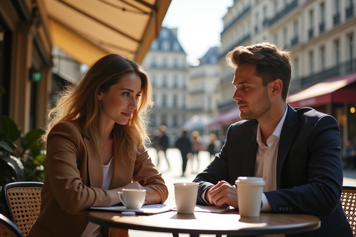 Jeune couple professionnel au café parisien en plein jour