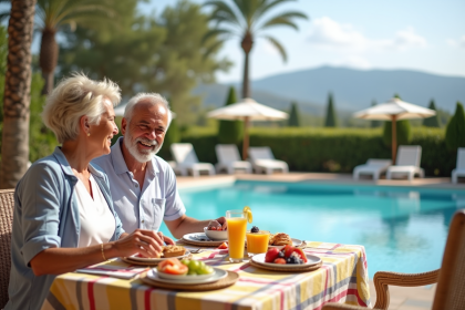 Couple souriant prenant un petit déjeuner au bord de la piscine
