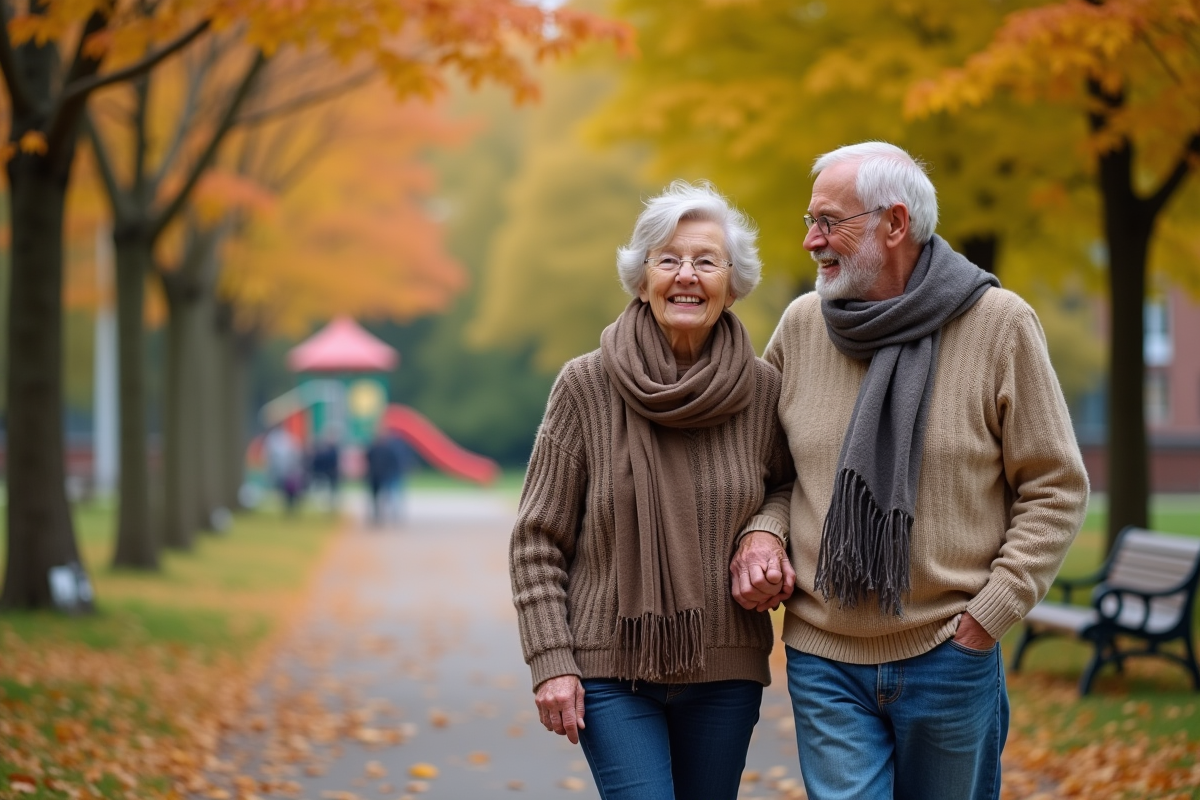 Couple agee marchant dans un parc automnal