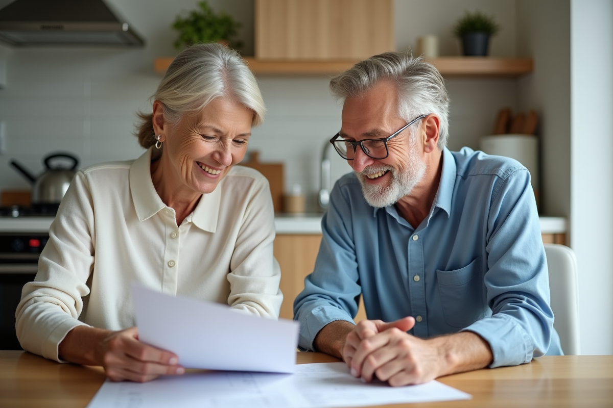 Couple d'âge moyen discutant de documents de retraite à la cuisine
