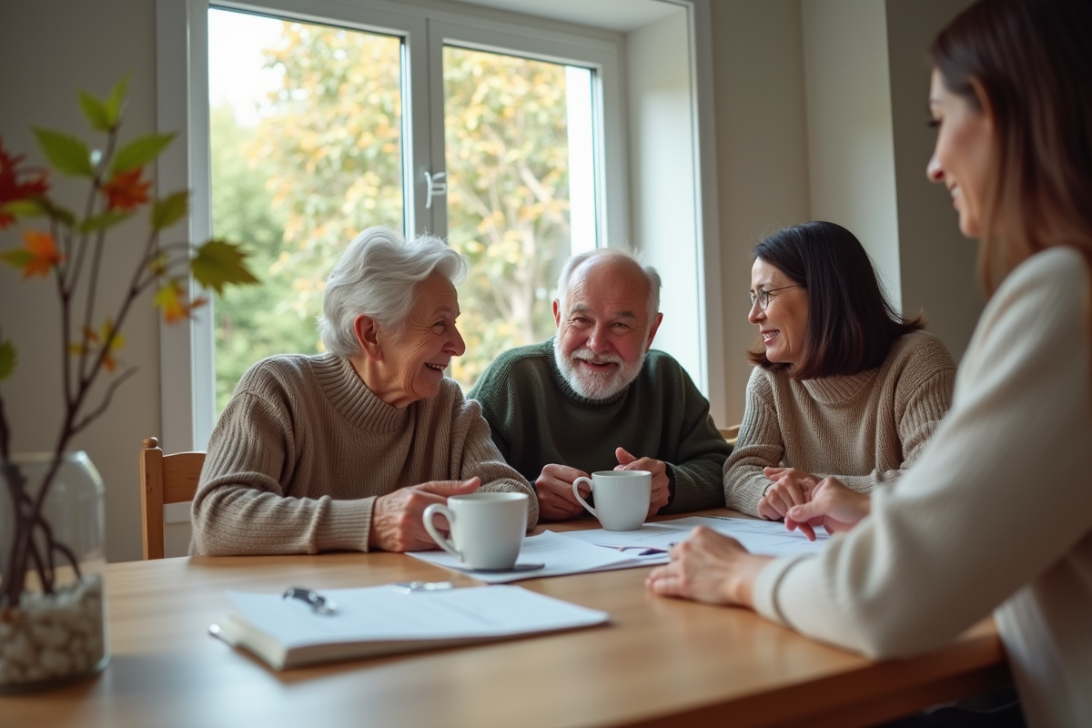 Couple âgé discutant avec une conseillère à la cuisine