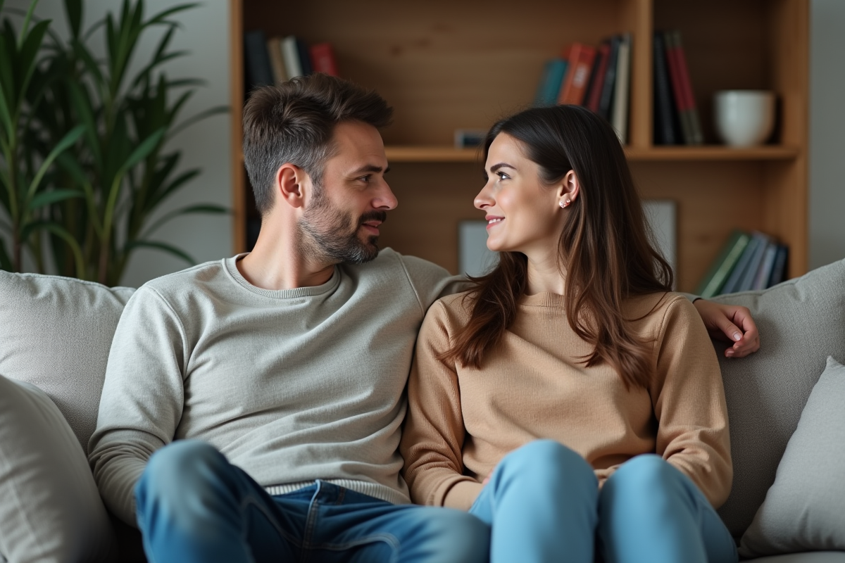 Couple assis sur un canapé dans un salon calme et cosy