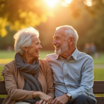 Couple mature assis sur un banc ensoleille dans un parc
