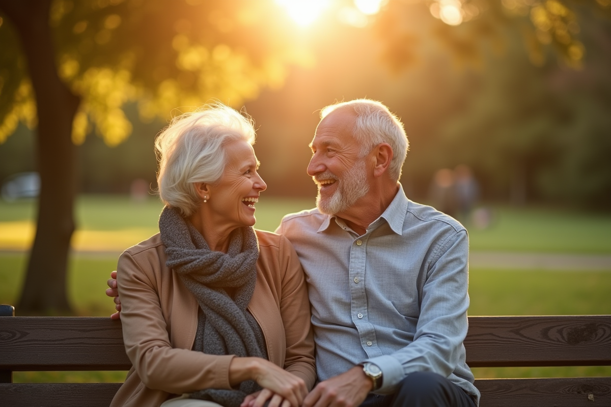 Couple mature assis sur un banc ensoleille dans un parc