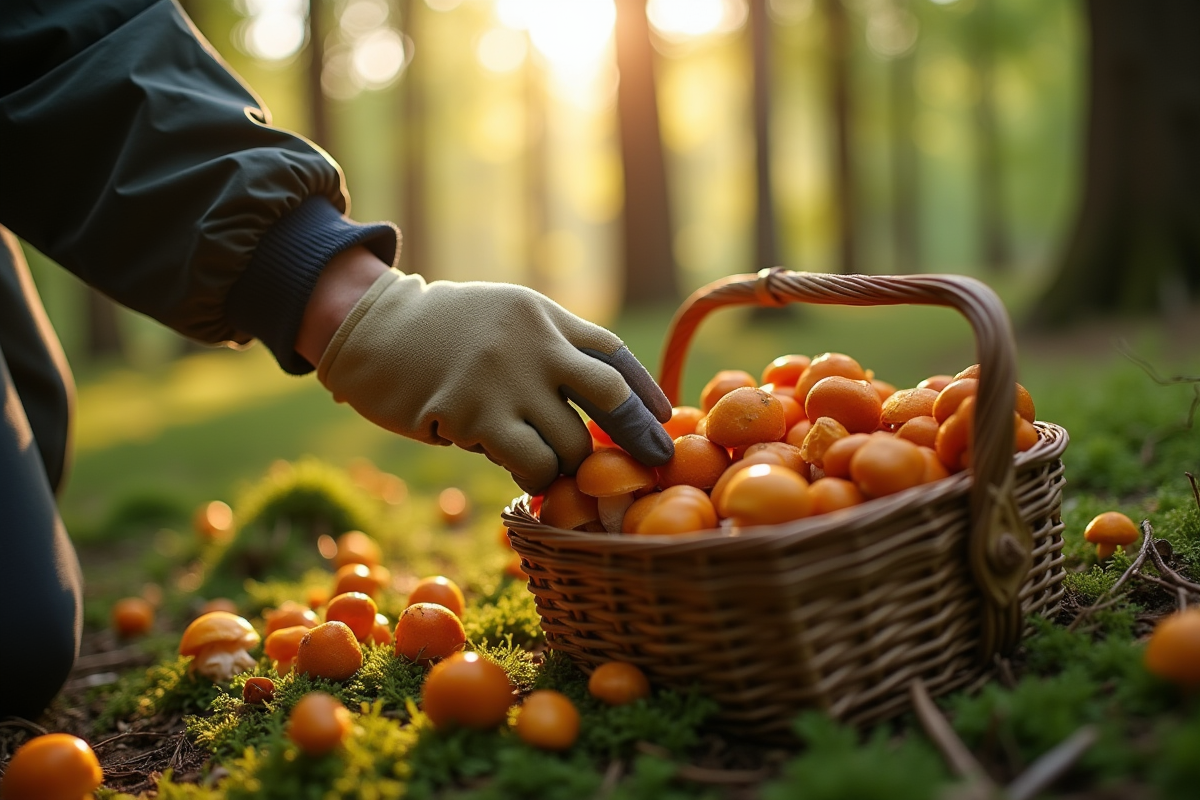 Personne examinant des chanterelles dans la forêt avec panier