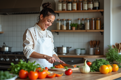 Jeune femme en cuisine préparant des légumes frais