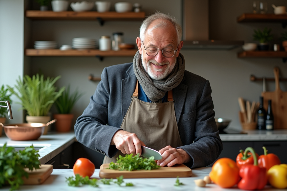 Homme âgé coupant des herbes dans une cuisine moderne à Paris