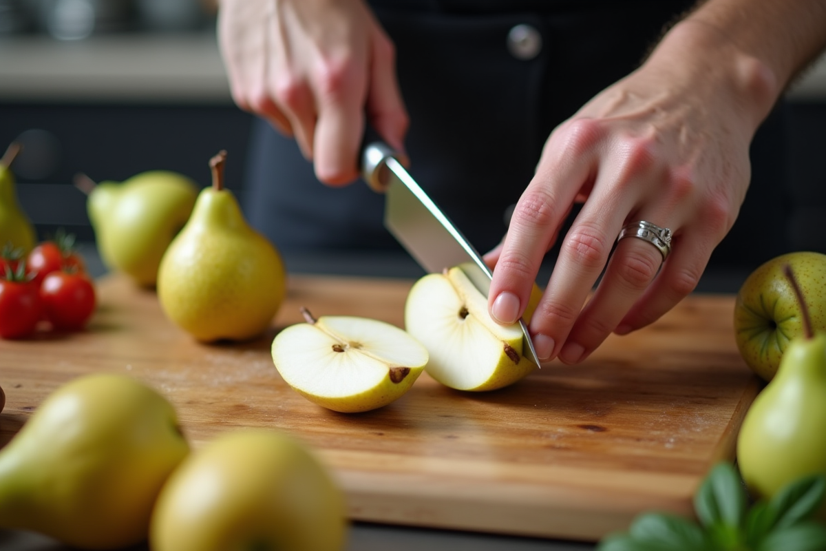 Chef tranchant une poire dans une cuisine moderne