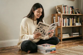 Jeune femme débutante lisant un manga en volume dans sa chambre, entourée de plusieurs tomes empilés sur le sol