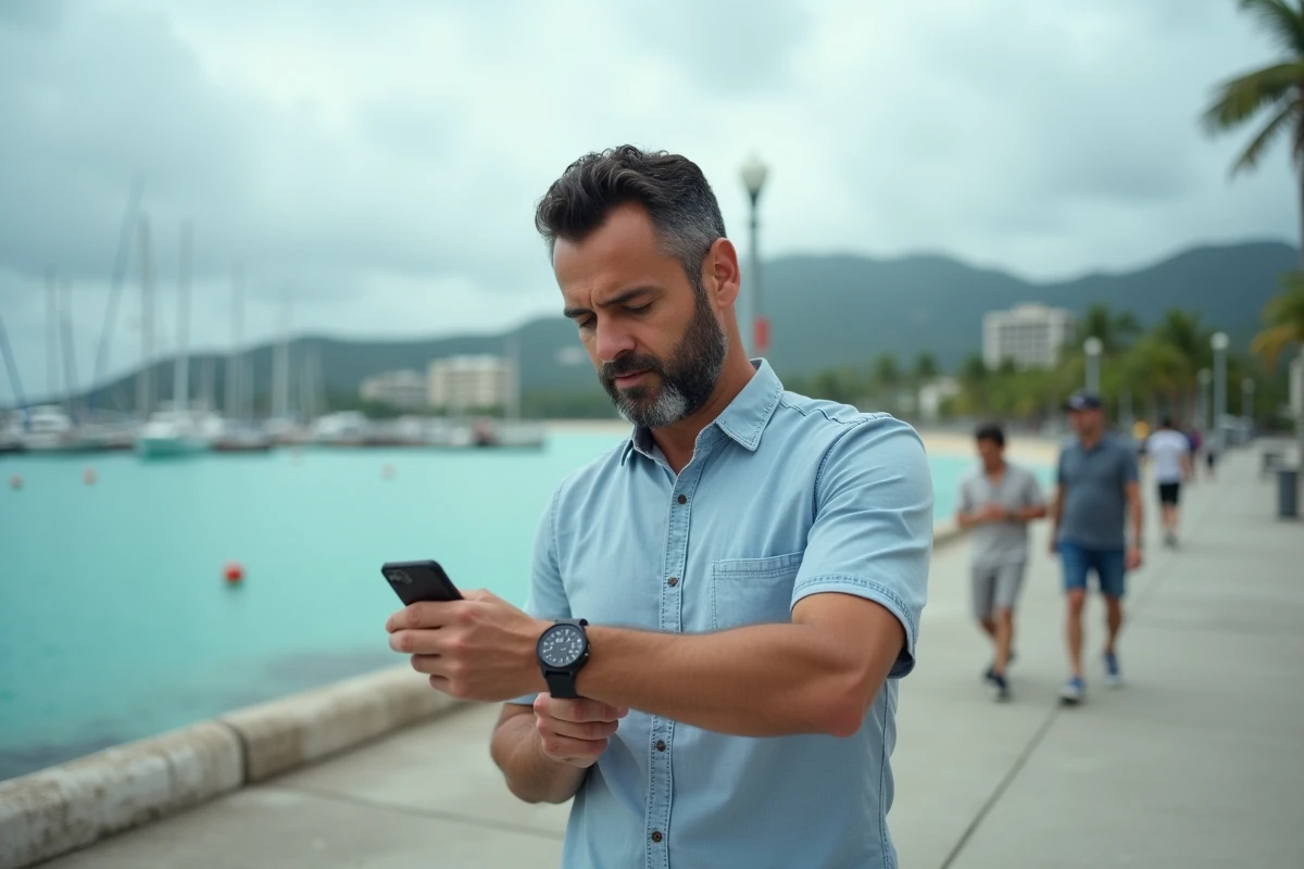 Homme consultant sa montre et son téléphone sur la promenade du bord de mer à Nouméa pour calculer le décalage horaire avec la France