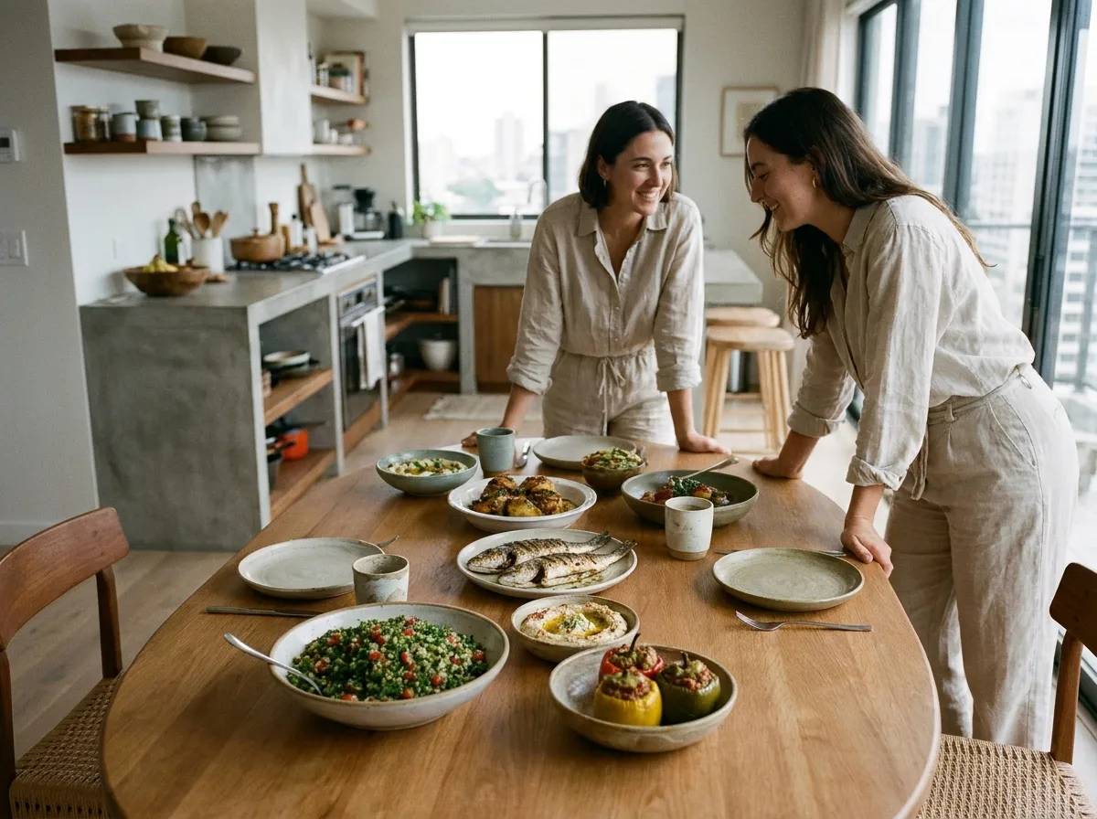 Table dressée pour un déjeuner convivial à partager dans un appartement contemporain avec vaisselle en céramique