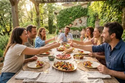 Déjeuner convivial en plein air autour d'une grande table rustique avec des plats à partager entre amis