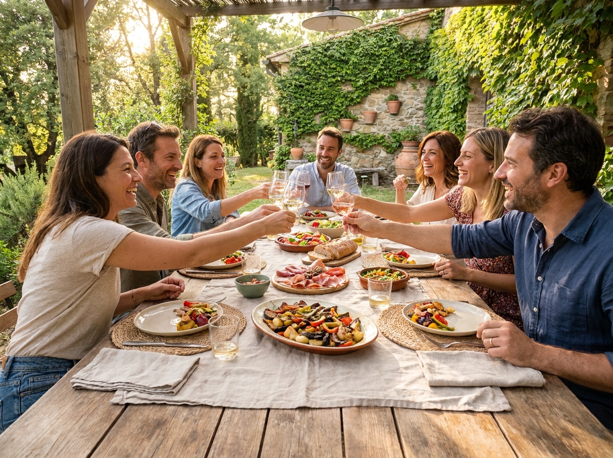 Déjeuner convivial en plein air autour d'une grande table rustique avec des plats à partager entre amis