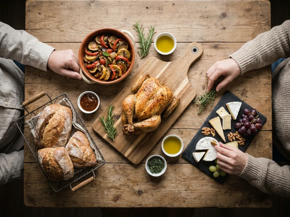 Vue aérienne d'un repas convivial à partager avec plats généreux disposés sur une table en bois brut